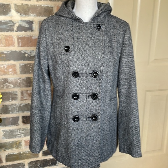 croft & barrow Jackets & Blazers - Croft & Barrow Tweed Wool Hooded Pea Coat Jacket Double Breasted Gray Black Med